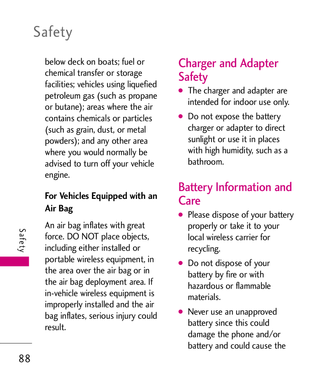 LG Electronics MMBB0386201 manual Charger and Adapter Safety, Battery Information and Care, Air Bag 