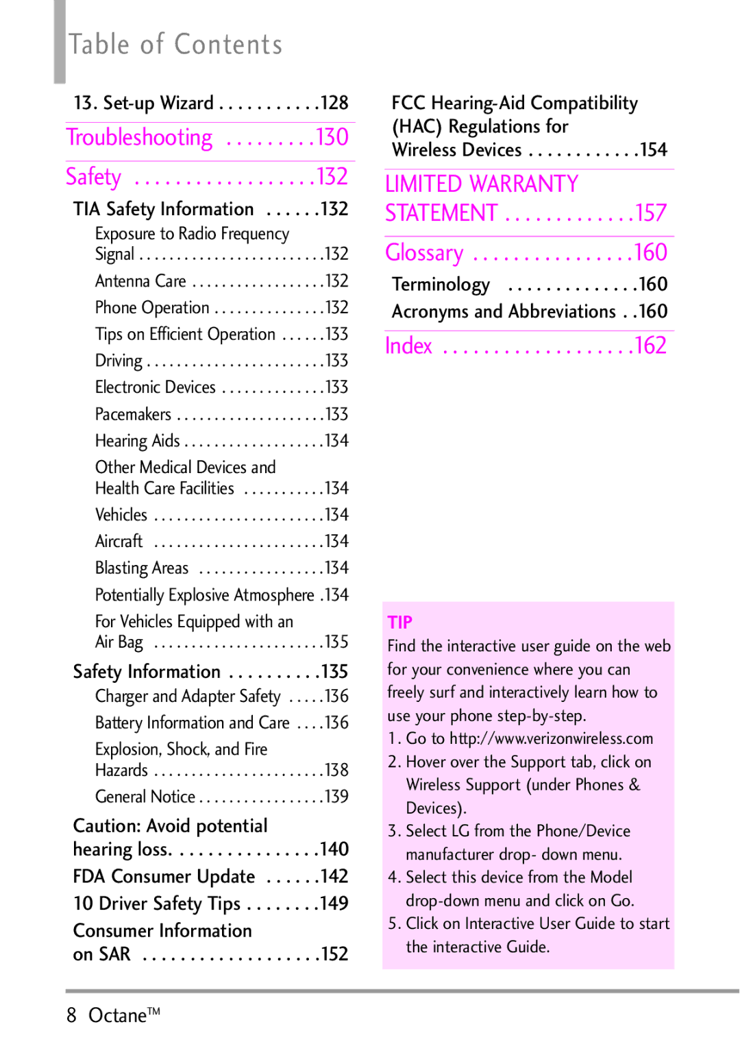 LG Electronics MMBB0392701 manual Troubleshooting Safety, Glossary, Index, TIA Safety Information, Wireless Devices 