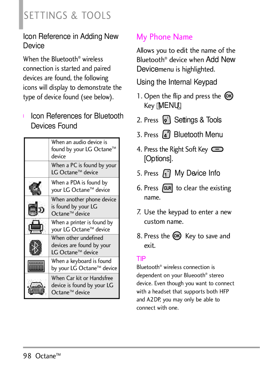 LG Electronics MMBB0392701 My Phone Name, Icon Reference in Adding New Device, Press Settings & Tools Press Bluetooth Menu 