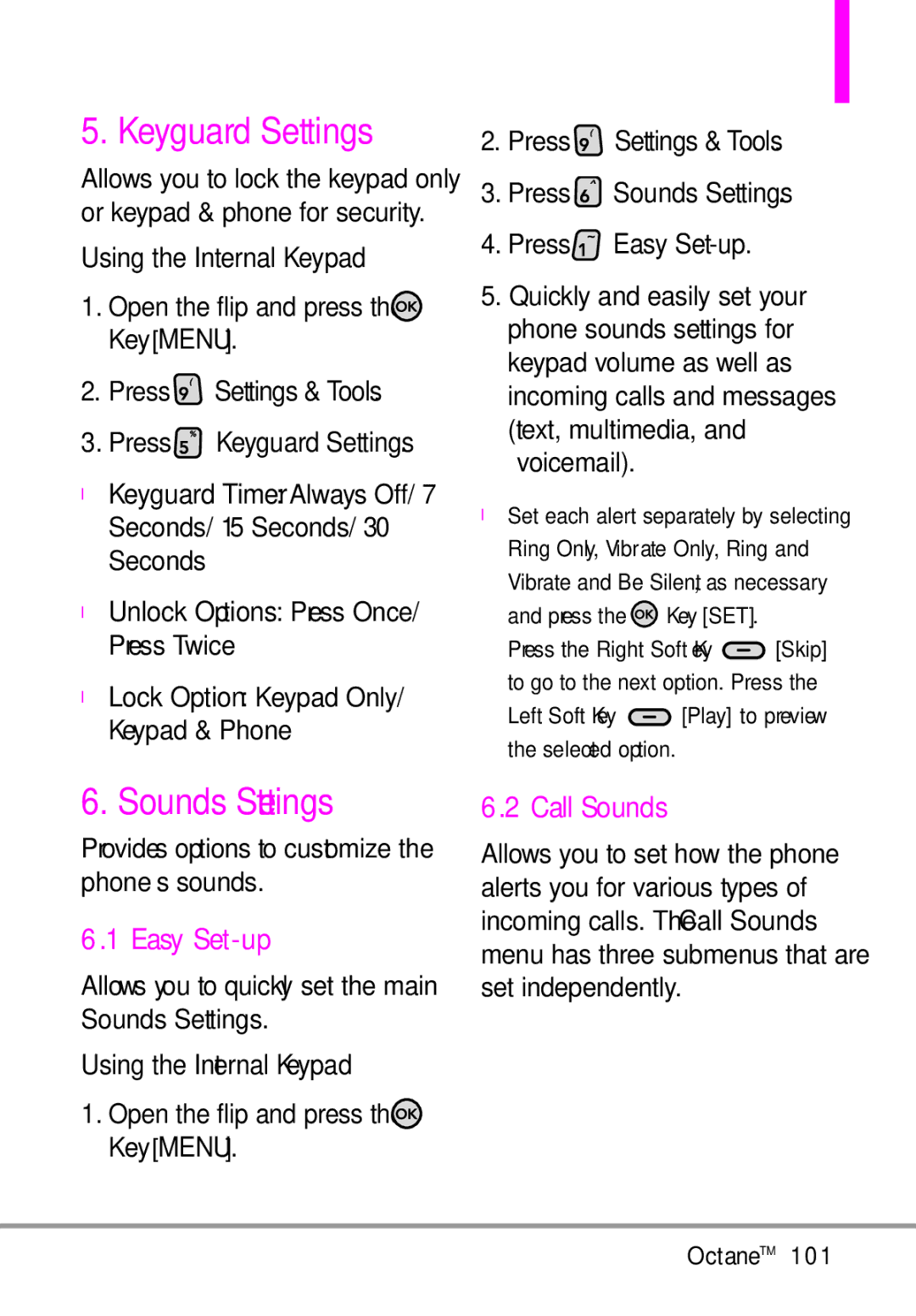 LG Electronics MMBB0392701 manual Keyguard Settings, Sounds Settings, Easy Set-up, Call Sounds 