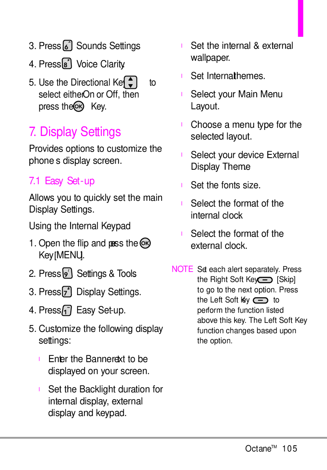 LG Electronics MMBB0392701 manual Display Settings, Press Sounds Settings Press Voice Clarity 