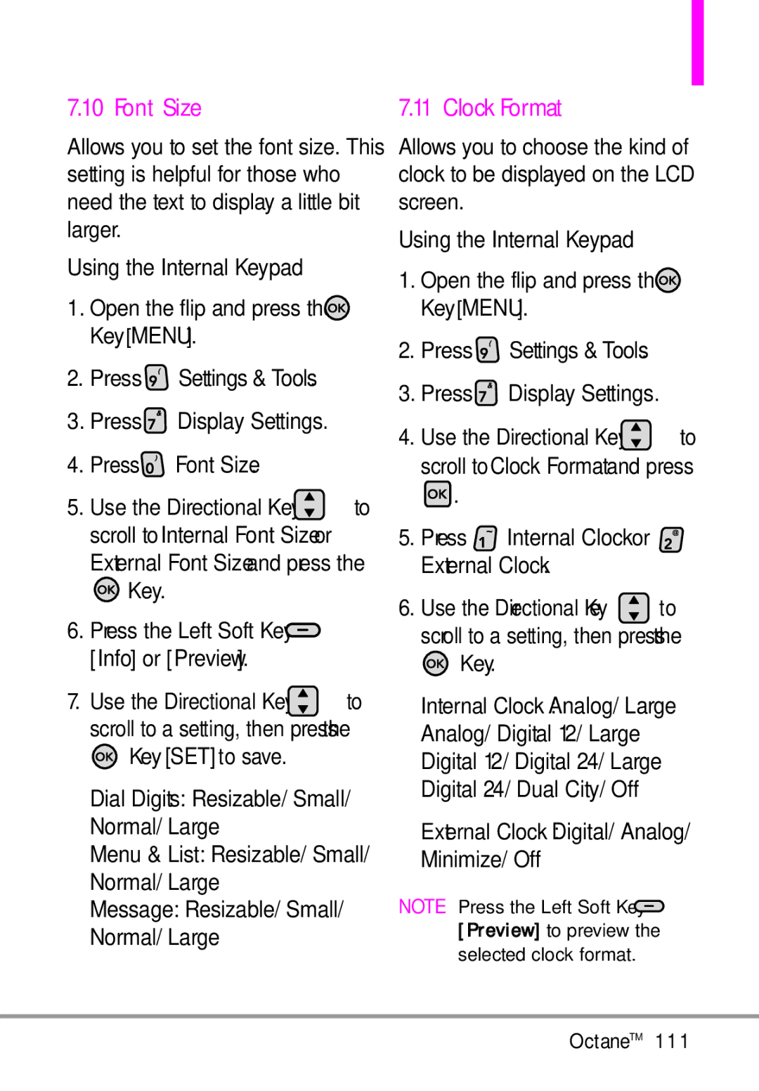 LG Electronics MMBB0392701 manual Font Size, Clock Format, Press Internal Clock or External Clock, Minimize/ Off 