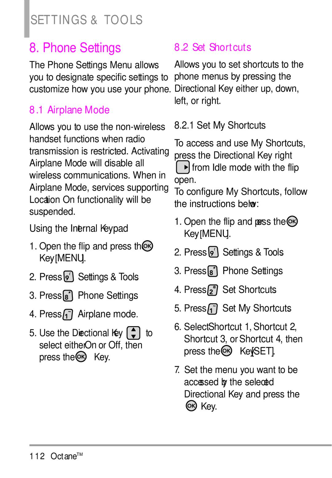 LG Electronics MMBB0392701 manual Phone Settings, Set Shortcuts, Airplane Mode 