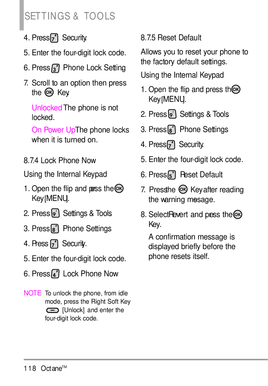 LG Electronics MMBB0392701 manual Press Security, Press Phone Lock Setting, Press Lock Phone Now Reset Default 