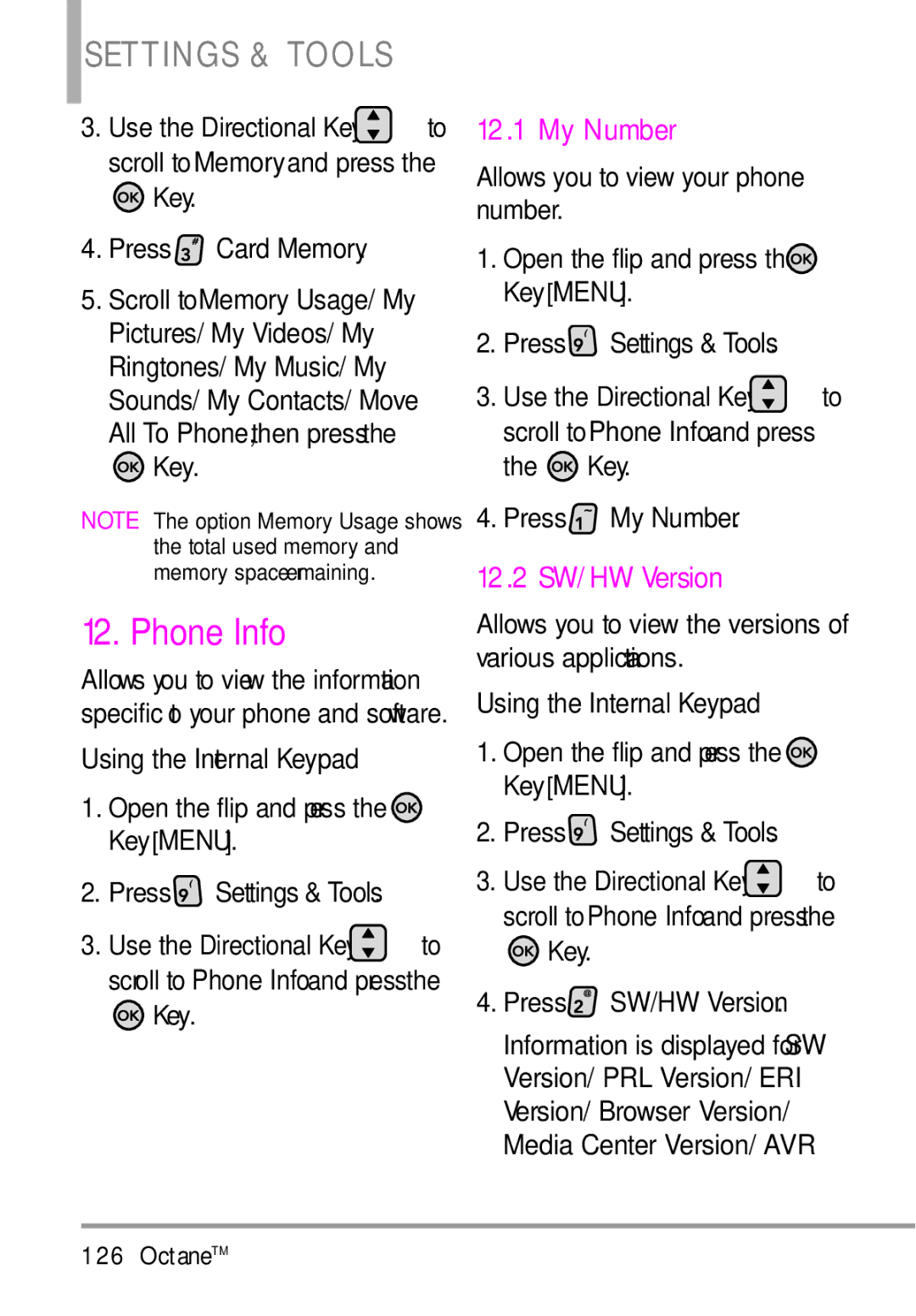 LG Electronics MMBB0392701 manual Phone Info, 12.2 SW/HW Version, My Number 