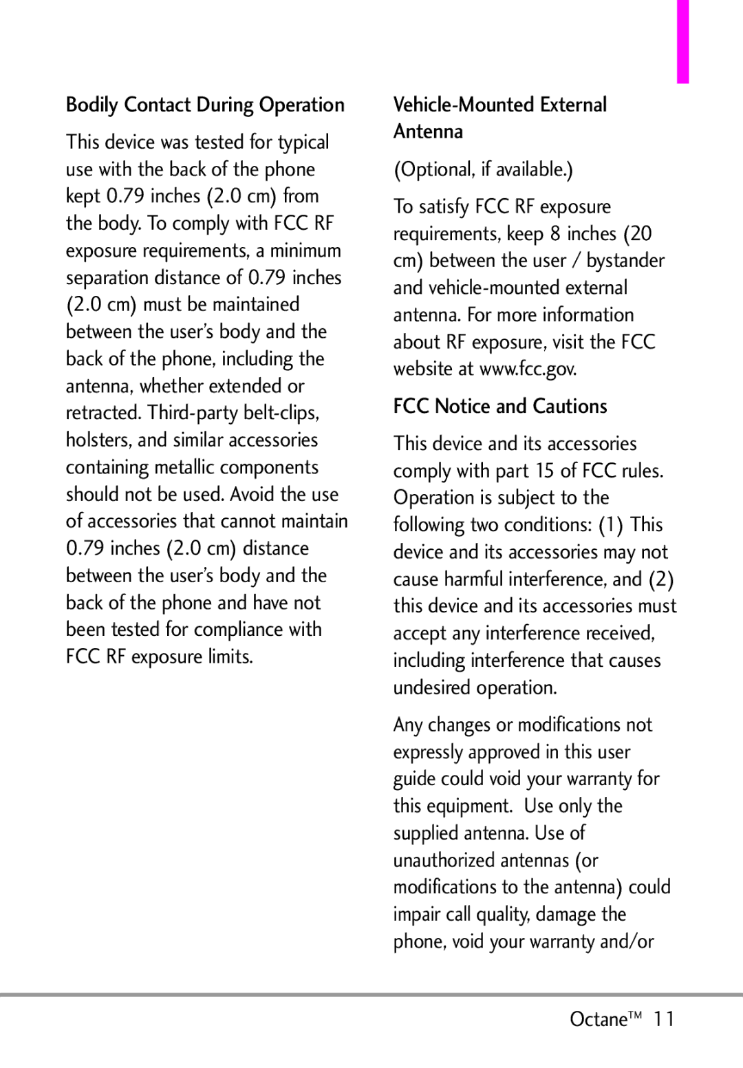 LG Electronics MMBB0392701 Vehicle-Mounted External Antenna, FCC Notice and Cautions, Bodily Contact During Operation 