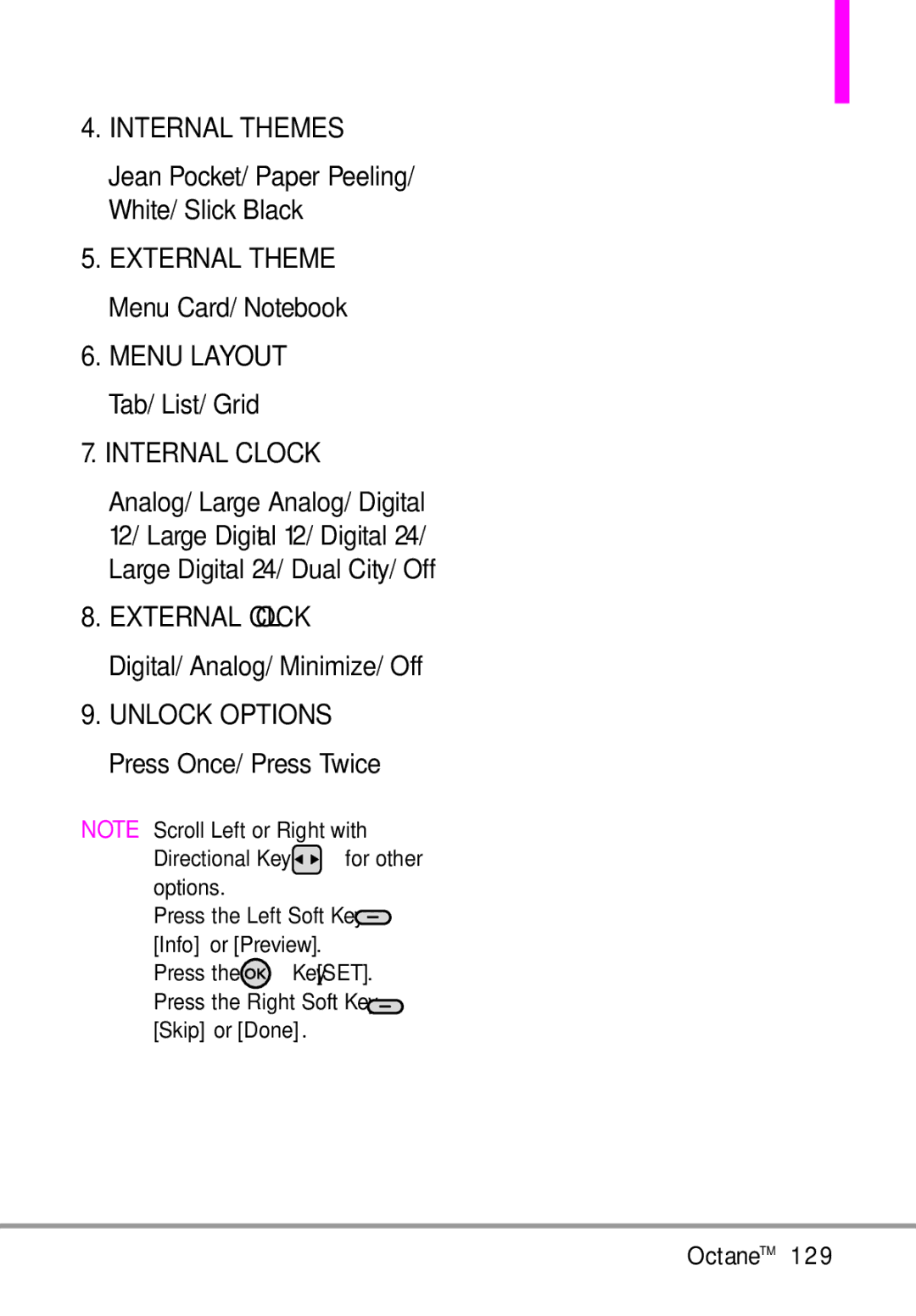 LG Electronics MMBB0392701 manual Internal Themes, Internal Clock, External Clock, Unlock Options 