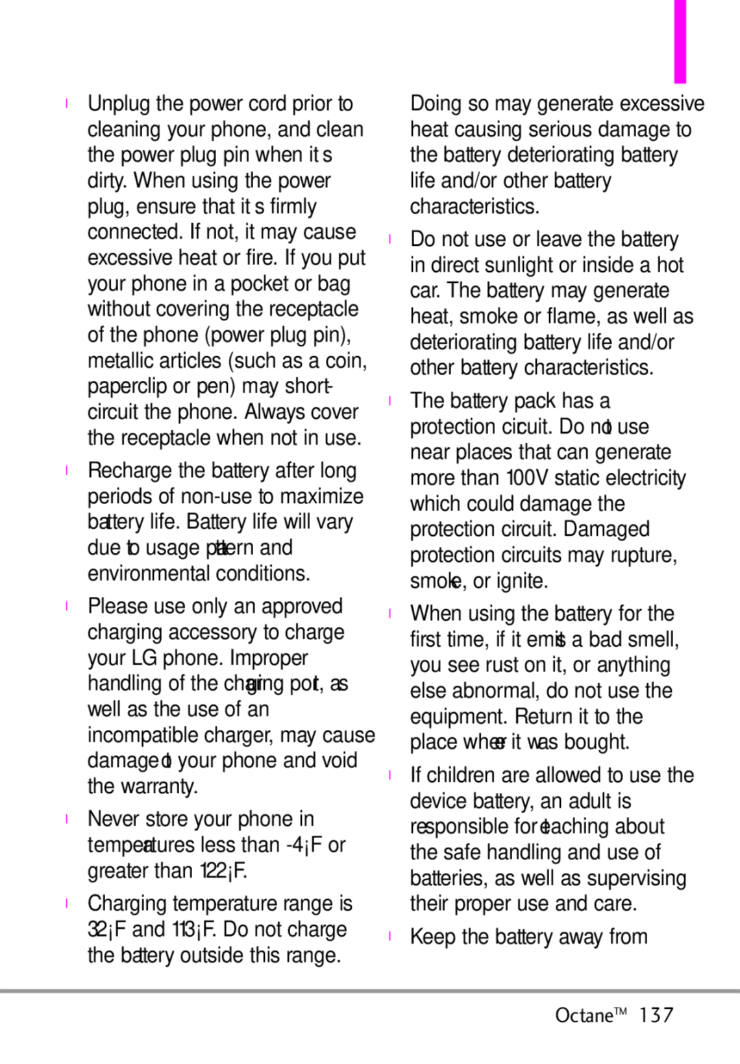 LG Electronics MMBB0392701 Damage to your phone and void, 32F and 113F. Do not charge, Battery outside this range, 137 