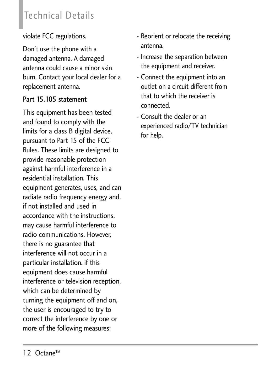 LG Electronics MMBB0392701 manual Part 15.105 statement, Violate FCC regulations, Antenna could cause a minor skin 