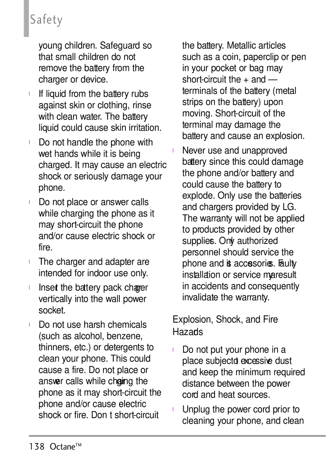 LG Electronics MMBB0392701 manual Explosion, Shock, and Fire, Hazards, Phone and/or battery, Do not use harsh chemicals 