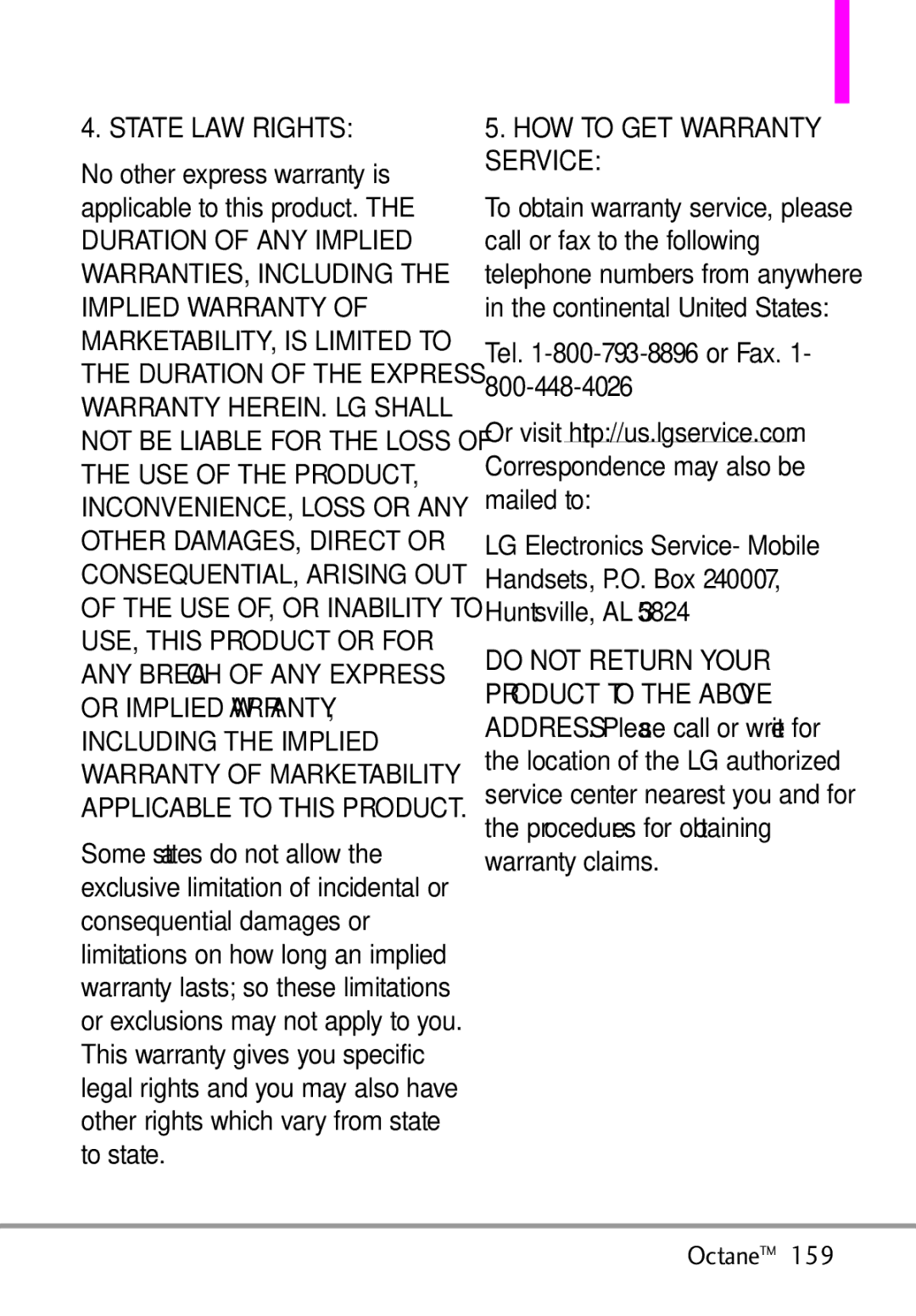 LG Electronics MMBB0392701 manual State LAW Rights, Service, Do not Return Your, Product to the Above, Address 