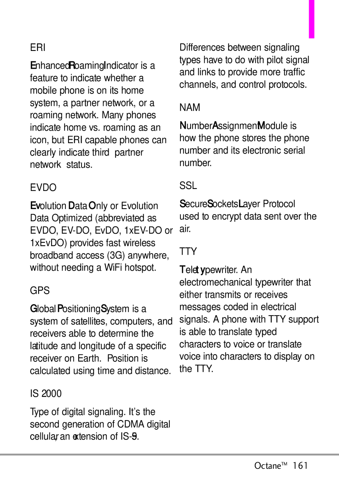 LG Electronics MMBB0392701 manual Evdo, Gps, Nam, Ssl, Tty 