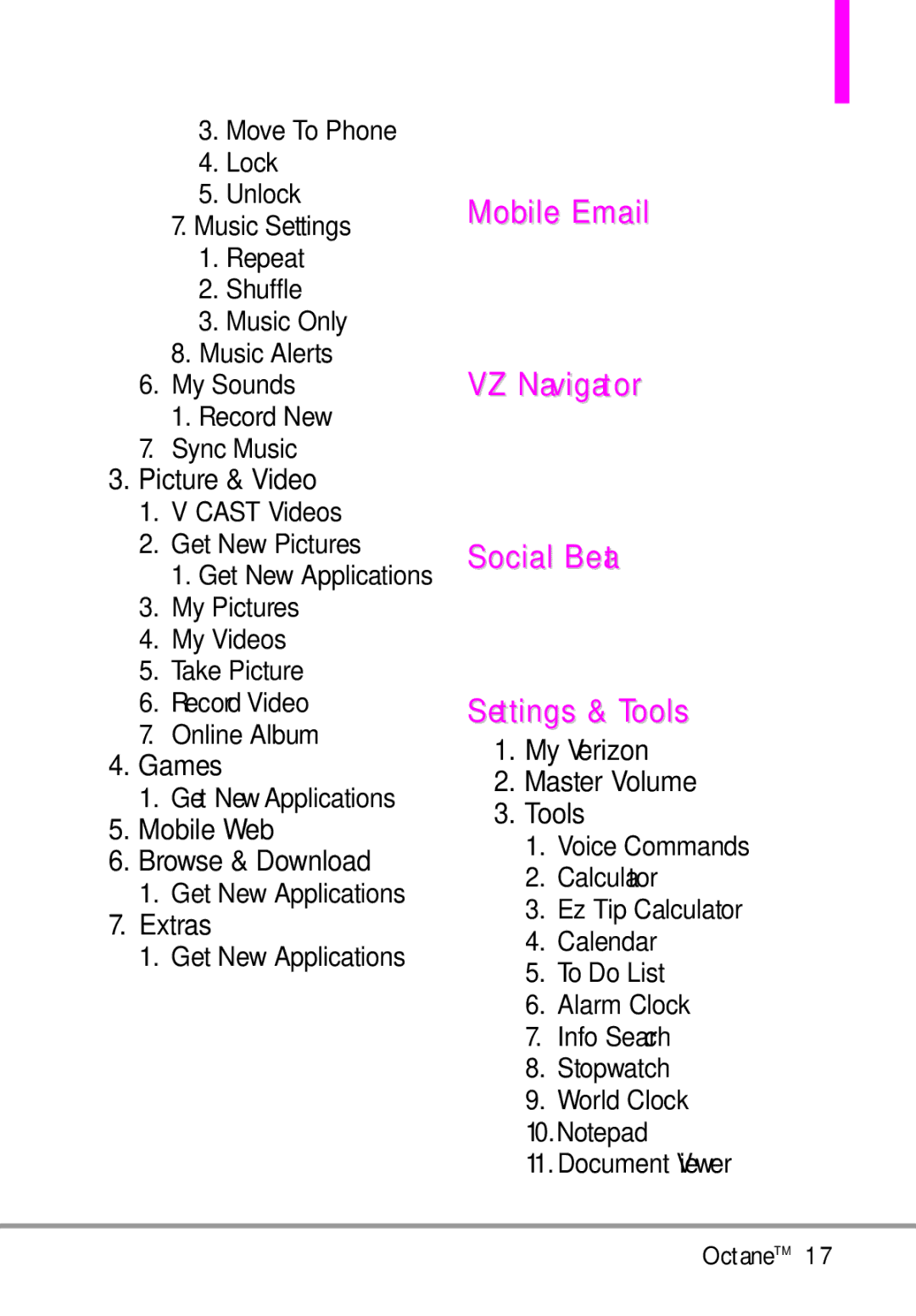 LG Electronics MMBB0392701 manual VZ Navigator, Social Beat, Settings & Tools, Mobile Email 