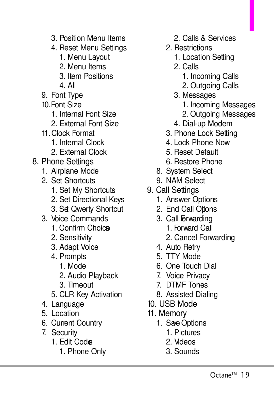 LG Electronics MMBB0392701 manual Phone Settings, Call Settings, USB Mode, Memory 