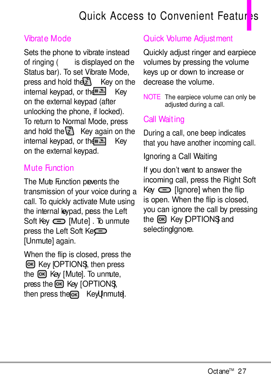 LG Electronics MMBB0392701 manual Quick Access to Convenient Features, Vibrate Mode, Mute Function, Quick Volume Adjustment 