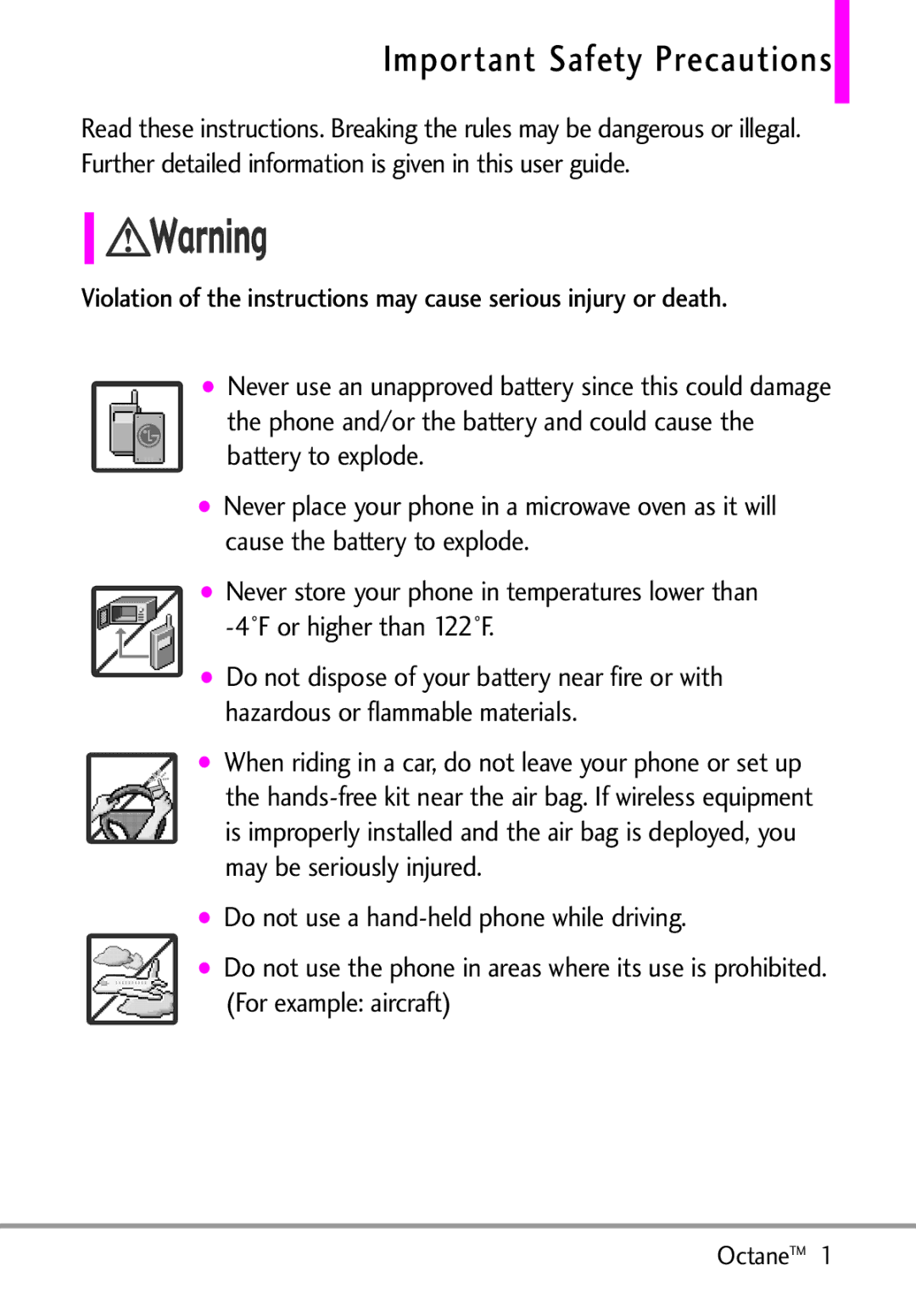 LG Electronics MMBB0392701 Important Safety Precautions, Never use an unapproved battery since this could damage, OctaneTM 