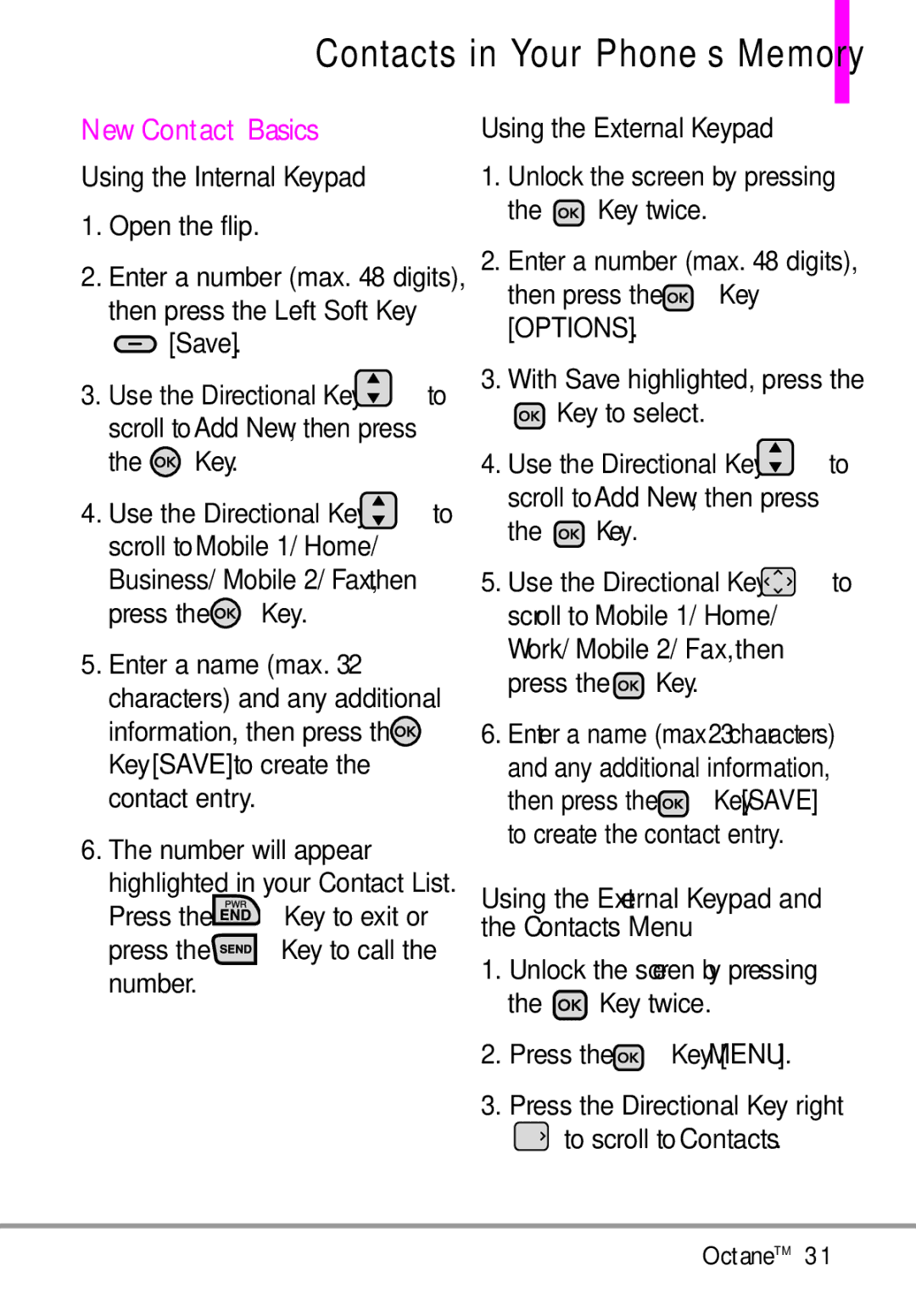 LG Electronics MMBB0392701 manual Contacts in Your Phone’s Memory, New Contact Basics, Save 