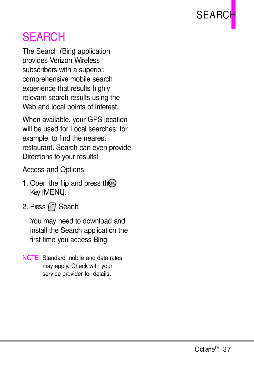 LG Electronics MMBB0392701 manual Access and Options, Open the flip and press the Key Menu Press Search 