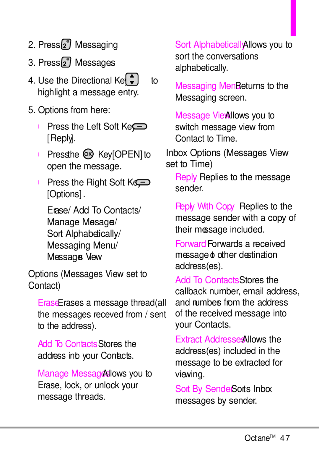 LG Electronics MMBB0392701 manual Press Messaging Press Messages, Options from here 