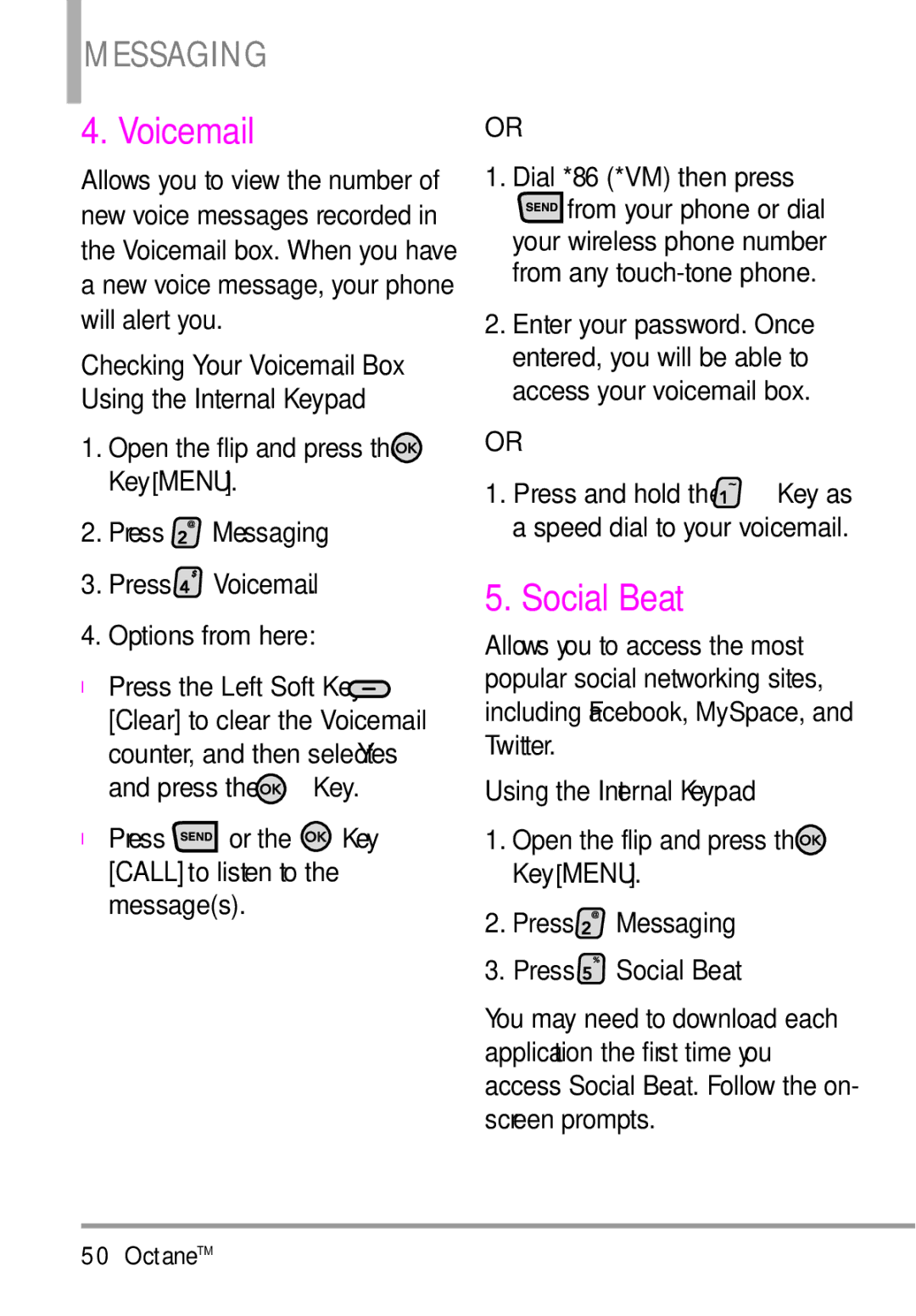 LG Electronics MMBB0392701 manual Press Messaging Press Voicemail, Press Messaging Press Social Beat 