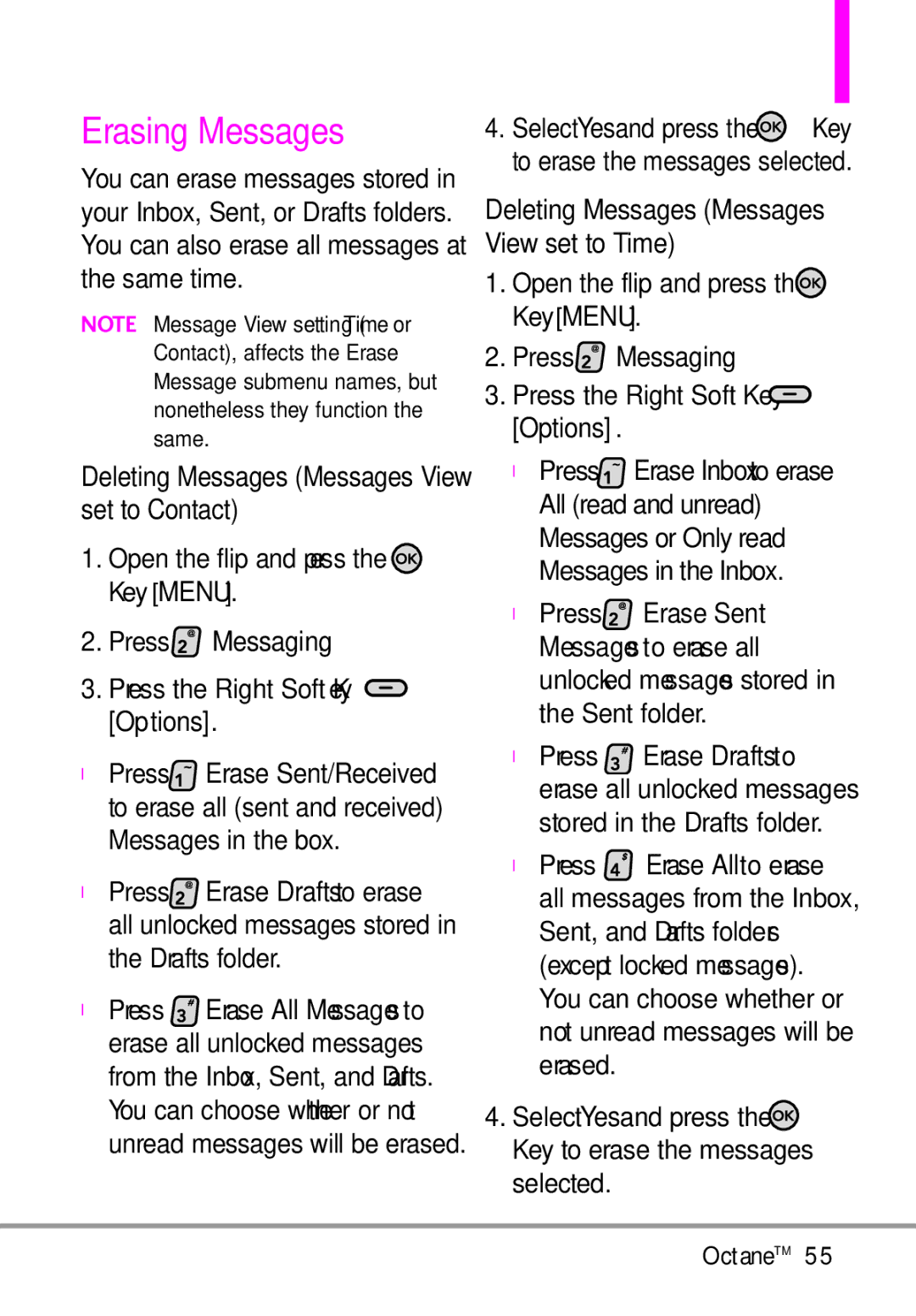 LG Electronics MMBB0392701 manual Erasing Messages, MessagePr s Erase Sent, Press the Right Soft Key Options 