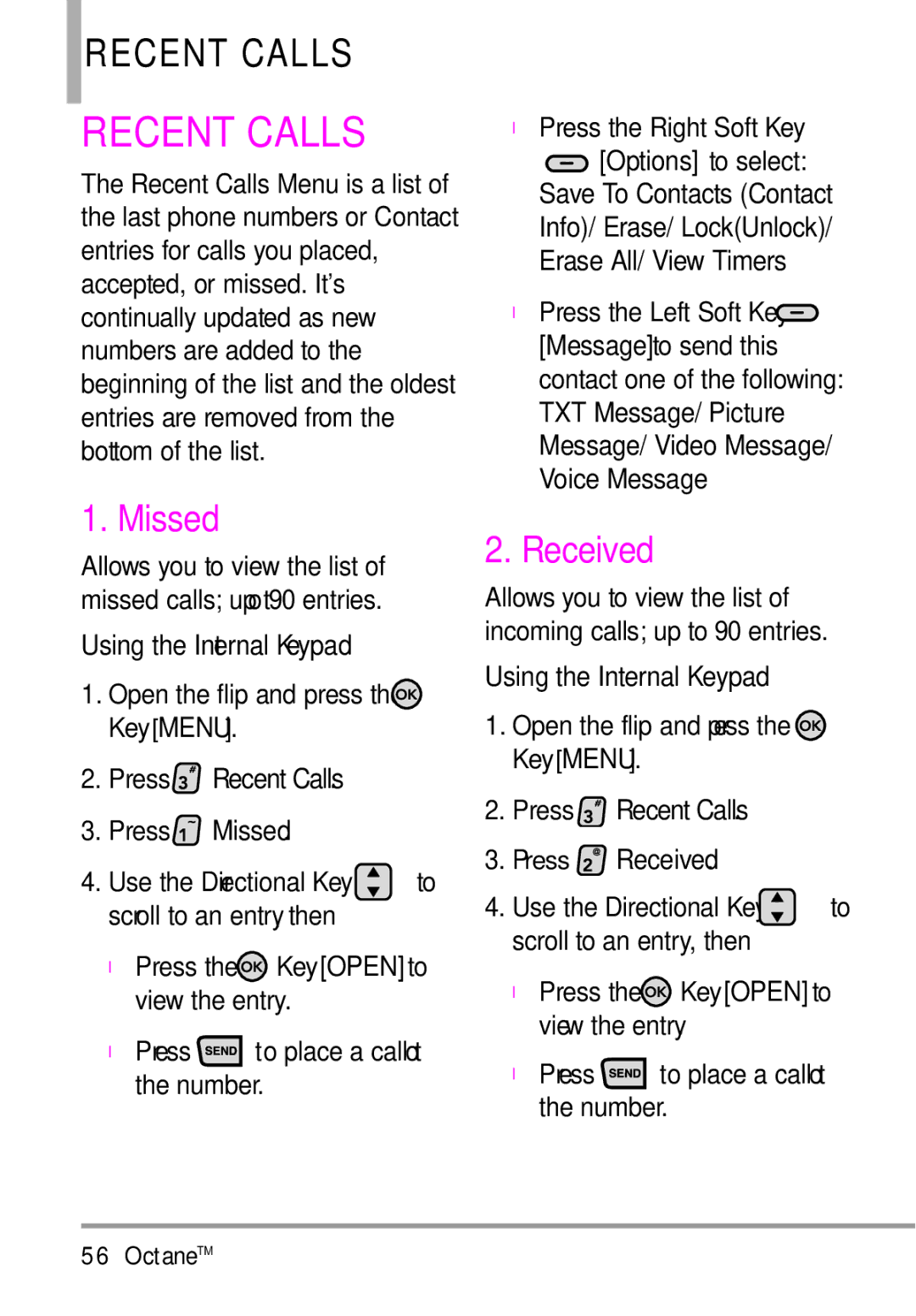 LG Electronics MMBB0392701 manual Missed Received, Open 