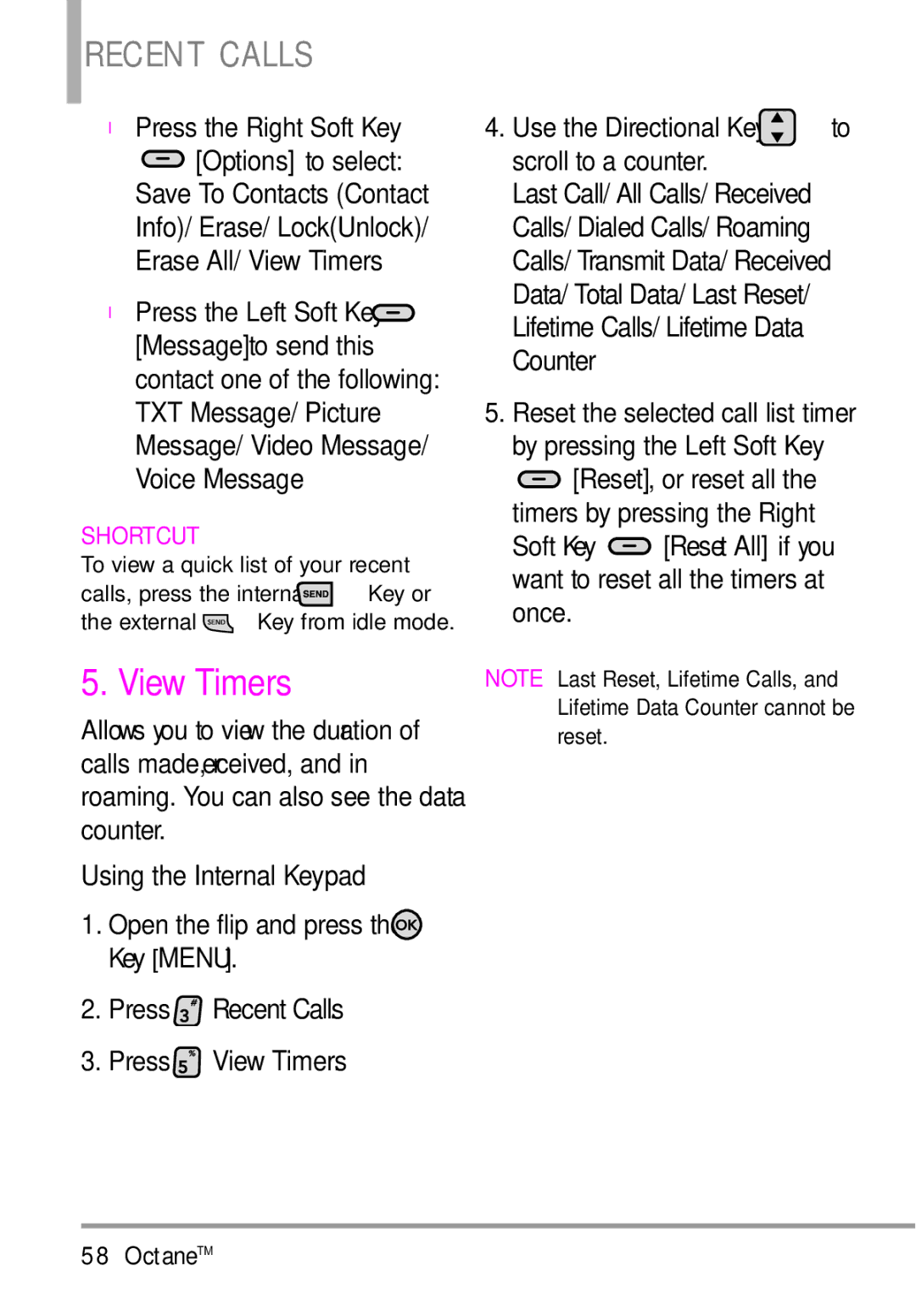 LG Electronics MMBB0392701 manual Press Recent Calls Press View Timers, Use the Directional Key to scroll to a counter 