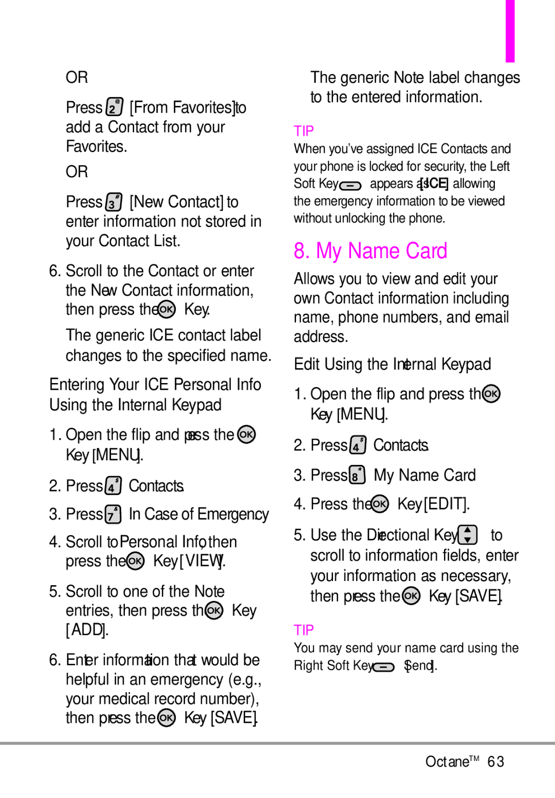 LG Electronics MMBB0392701 manual My Name Card, Edit Using the Internal Keypad, Personal Info, Add 