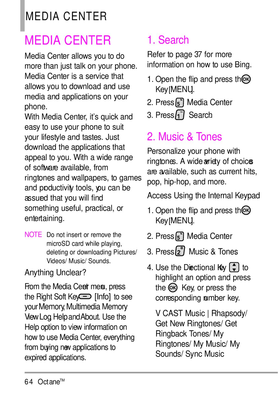 LG Electronics MMBB0392701 manual Search, Music & Tones 