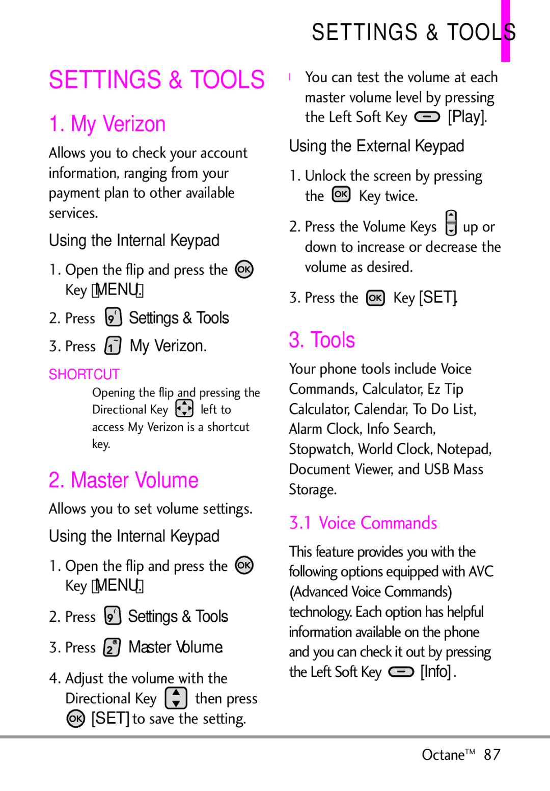 LG Electronics MMBB0392701 manual My Verizon, Settings & Tools, Master Volume 