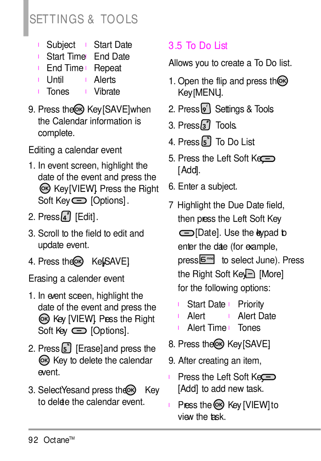 LG Electronics MMBB0392701 manual To Do List Editing a calendar event, Date, Erasing a calender event More, Yes Add 