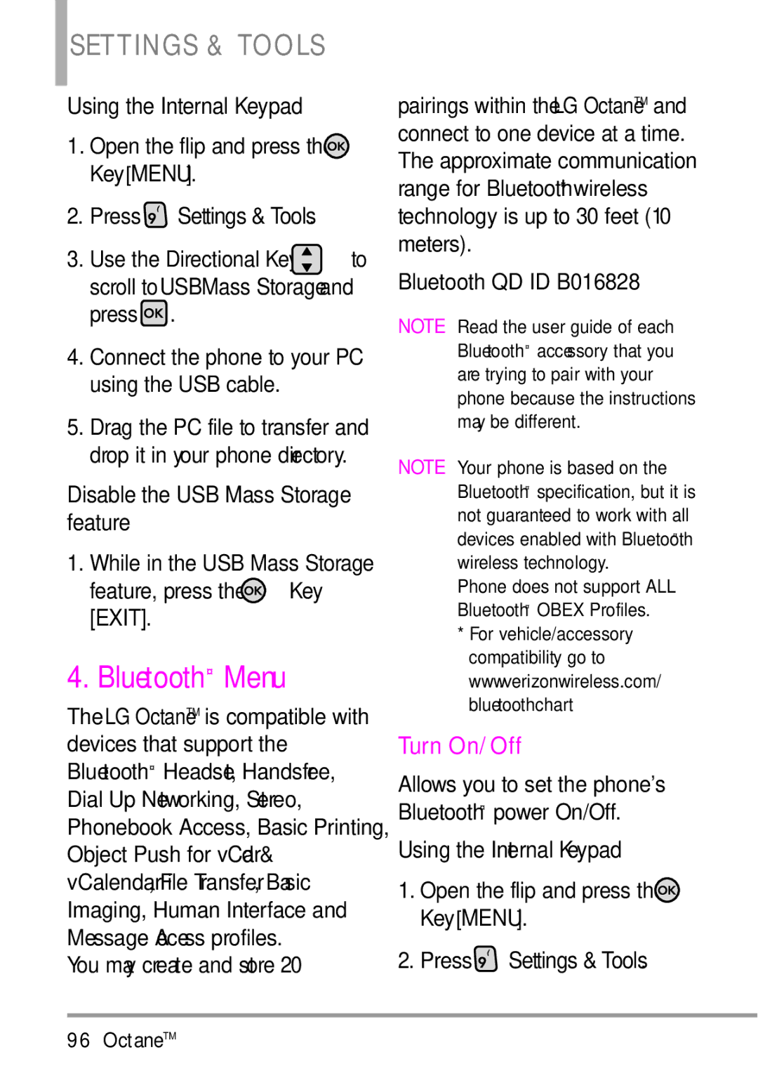 LG Electronics MMBB0392701 manual Bluetooth Menu, Turn, On/Off, Feature, Exit 