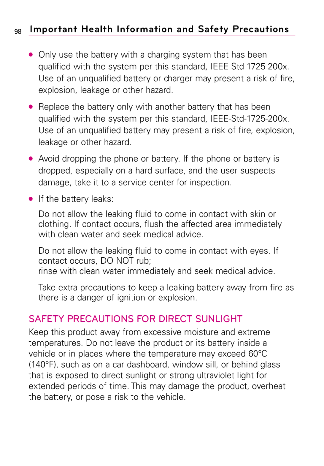 LG Electronics MMBB0394701 manual Safety Precautions for Direct Sunlight 