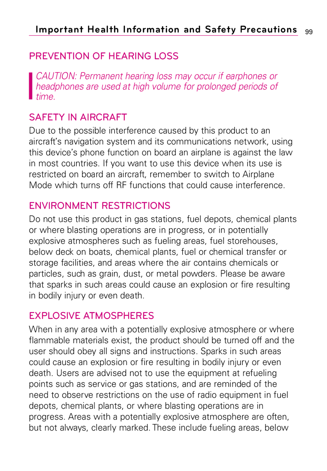 LG Electronics MMBB0394701 manual Prevention of Hearing Loss Safety in Aircraft 