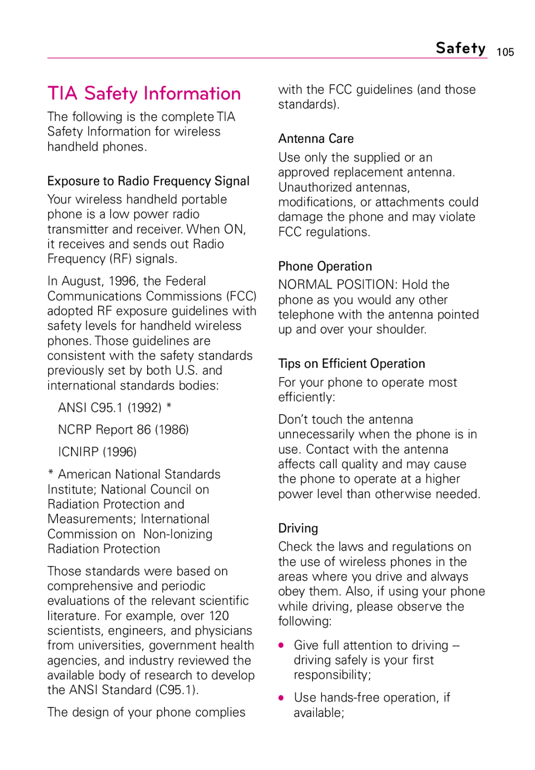 LG Electronics MMBB0394701 manual TIA Safety Information 