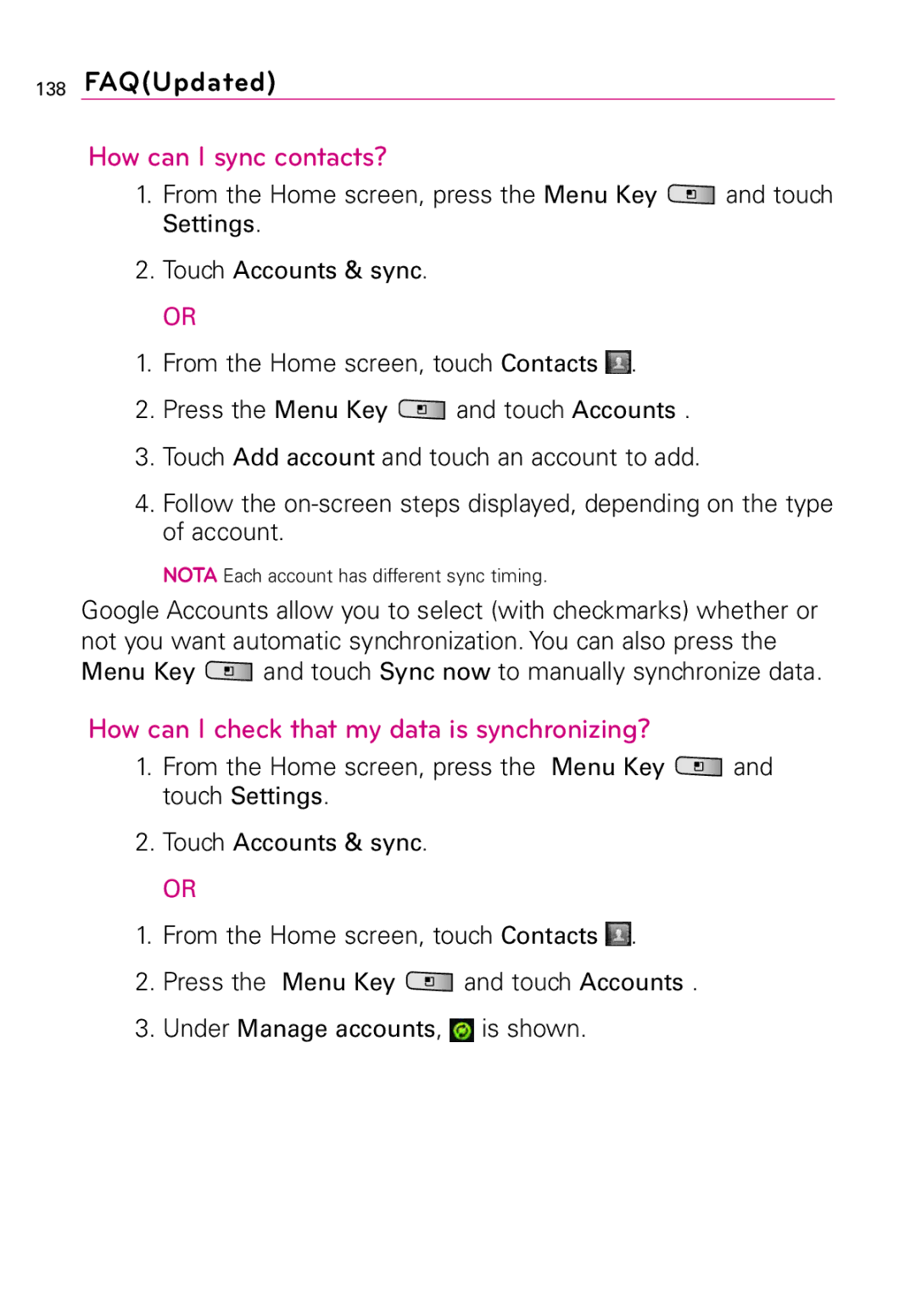 LG Electronics MMBB0394701 manual How can I sync contacts?, How can I check that my data is synchronizing? 