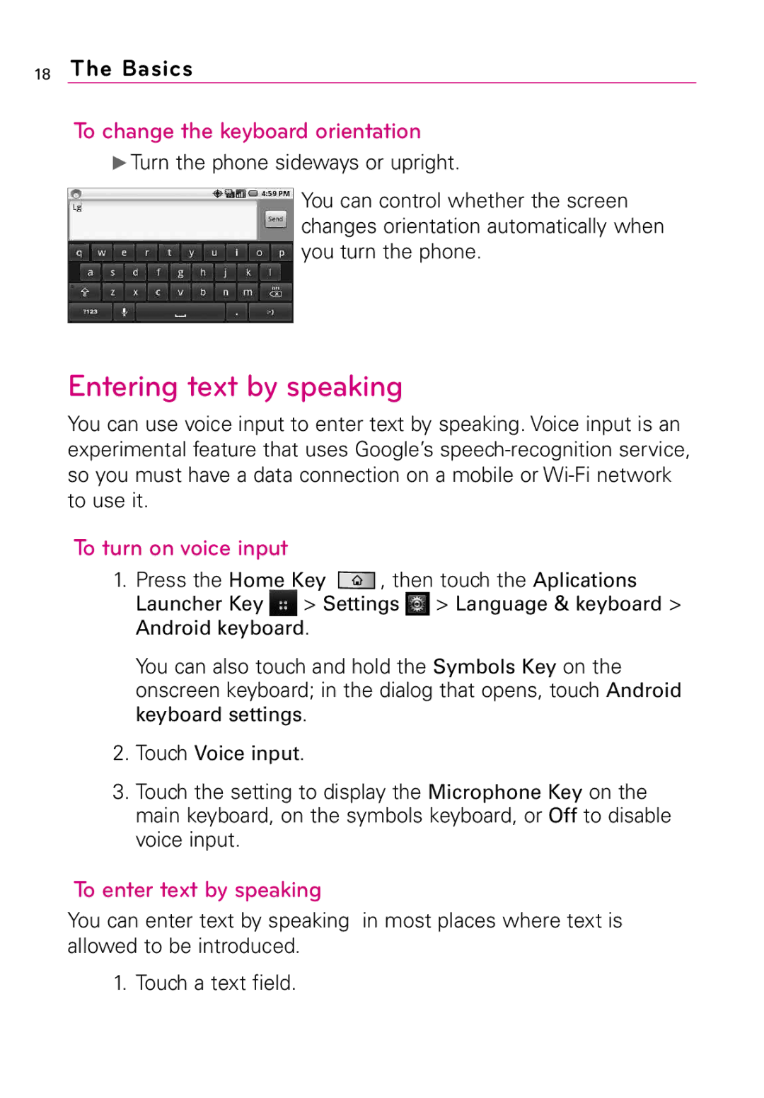 LG Electronics MMBB0394701 manual Entering text by speaking, To change the keyboard orientation, To turn on voice input 