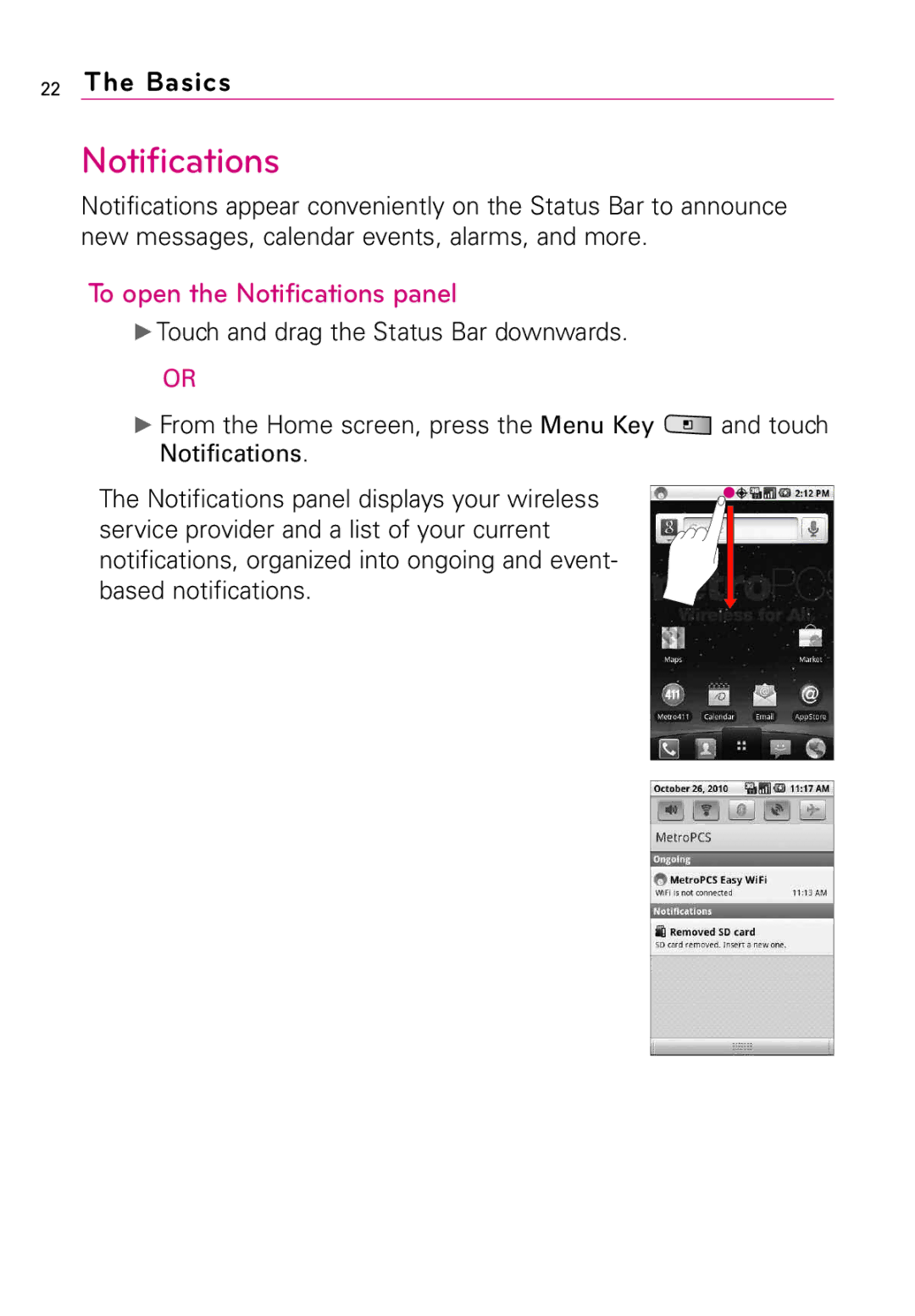 LG Electronics MMBB0394701 manual To open the Notifications panel, Touch and drag the Status Bar downwards 