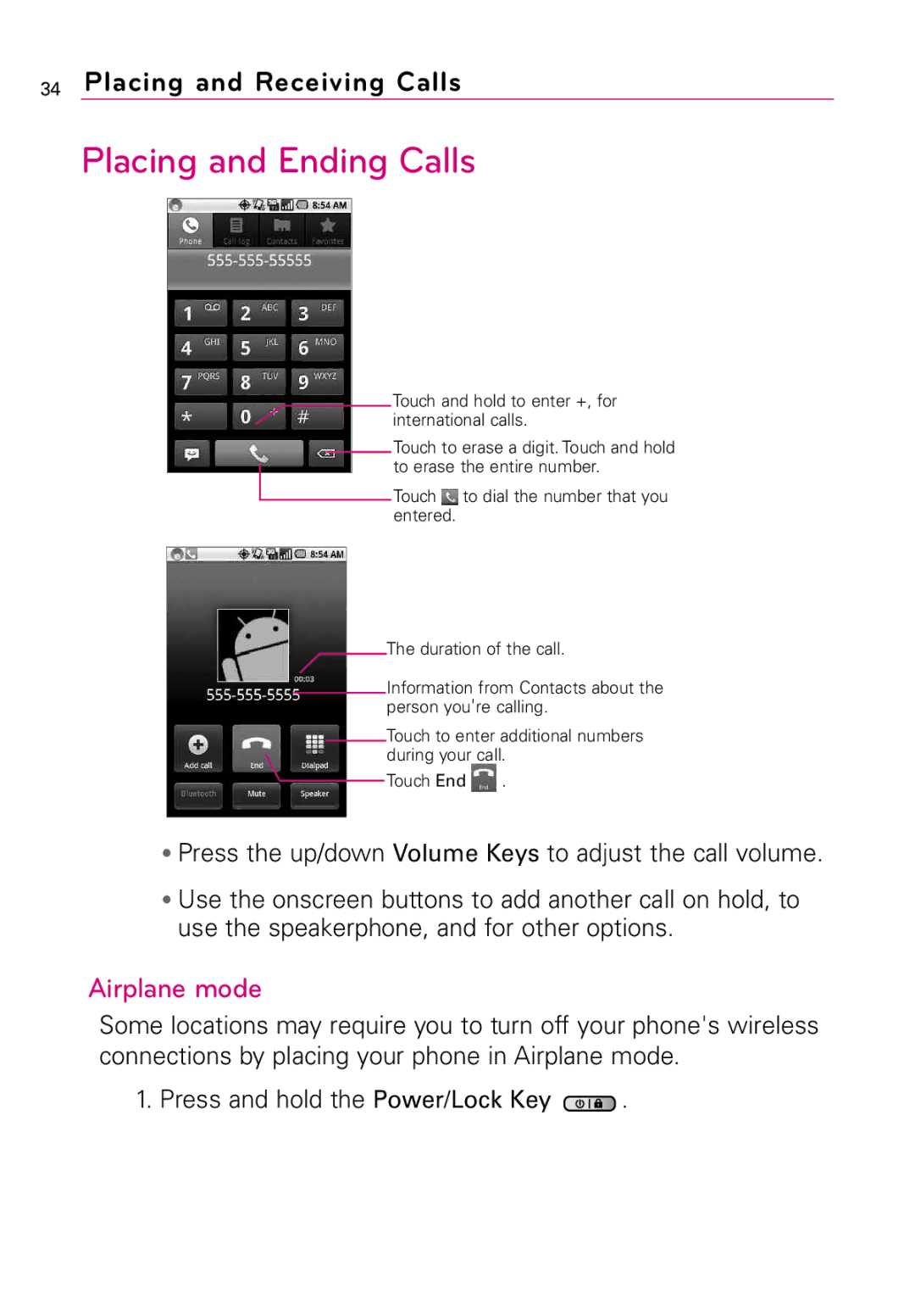 LG Electronics MMBB0394701 manual Placing and Ending Calls, Airplane mode 