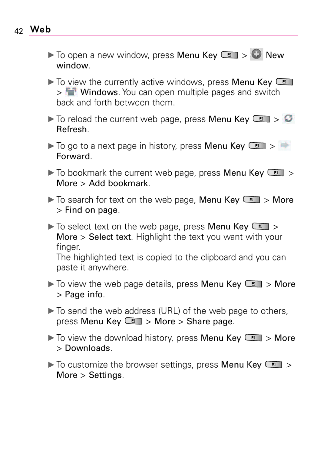 LG Electronics MMBB0394701 manual To search for text on the web page, Menu Key More 