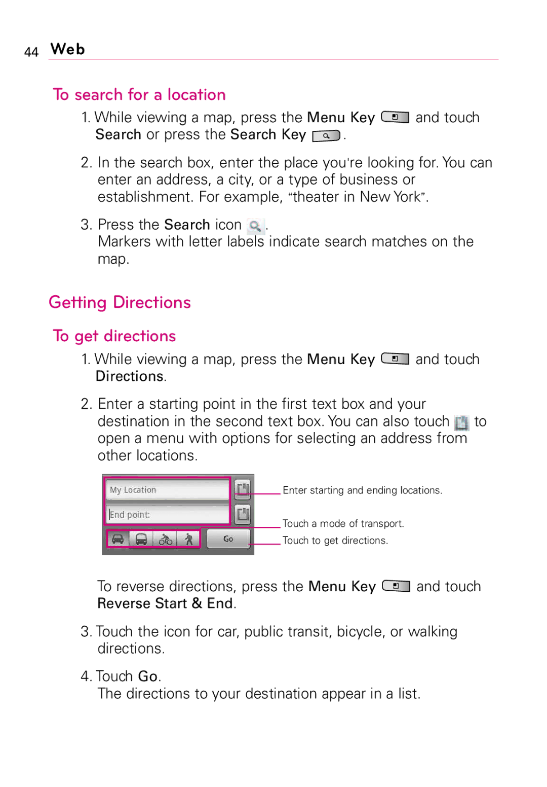 LG Electronics MMBB0394701 manual To search for a location, Getting Directions To get directions 