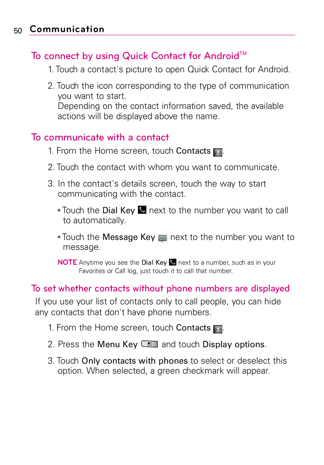 LG Electronics MMBB0394701 manual To connect by using Quick Contact for AndroidTM, To communicate with a contact 