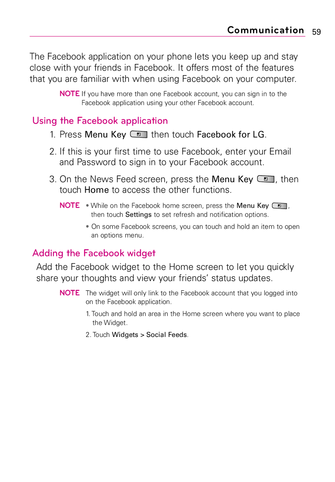 LG Electronics MMBB0394701 manual Using the Facebook application, Adding the Facebook widget 