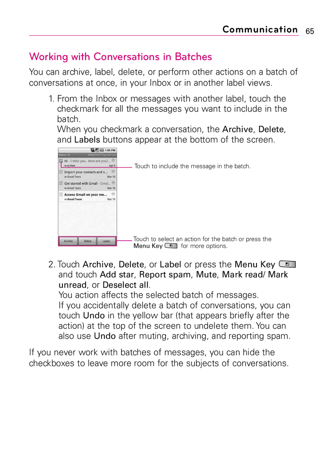 LG Electronics MMBB0394701 manual Working with Conversations in Batches, You action affects the selected batch of messages 