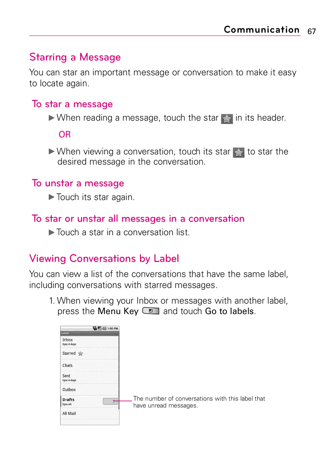 LG Electronics MMBB0394701 Starring a Message, To star a message, To unstar a message, Viewing Conversations by Label 