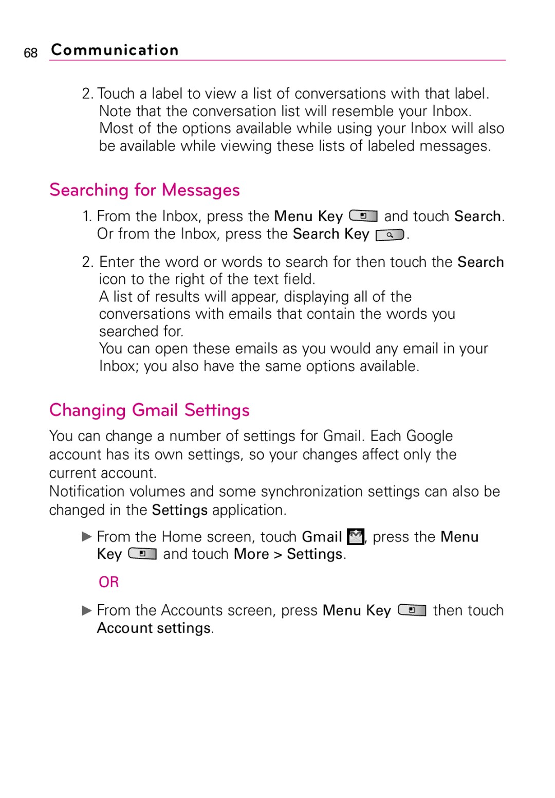 LG Electronics MMBB0394701 manual Searching for Messages, Changing Gmail Settings 