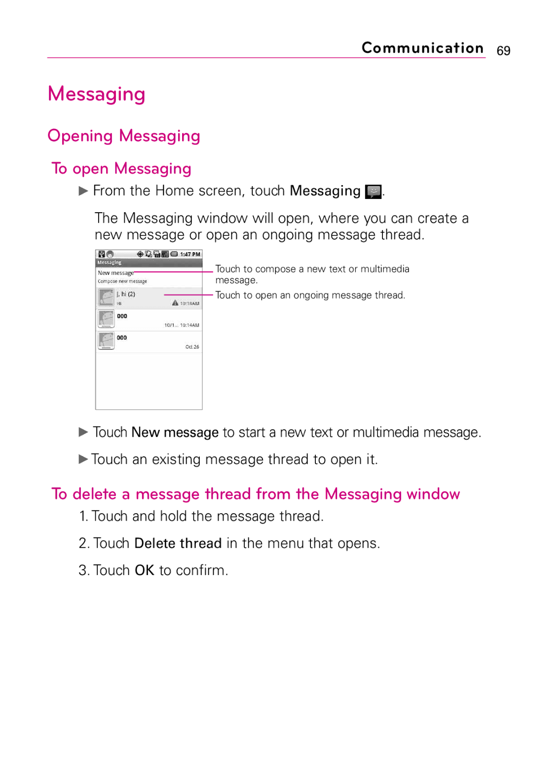 LG Electronics MMBB0394701 Opening Messaging To open Messaging, To delete a message thread from the Messaging window 