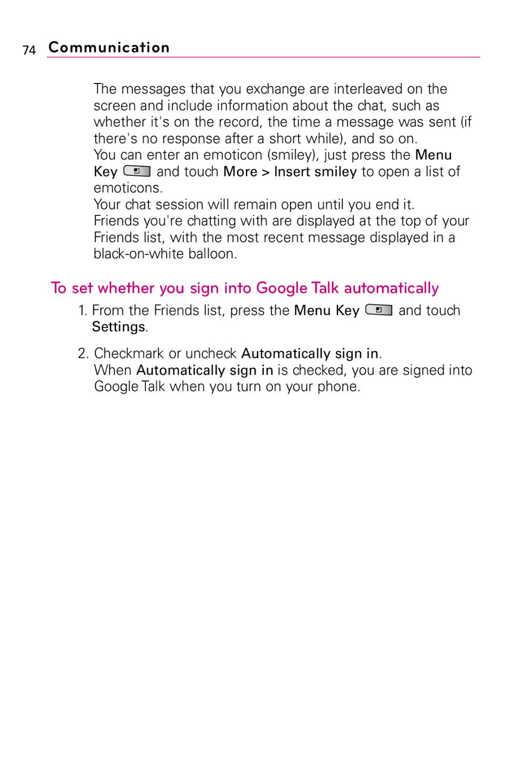 LG Electronics MMBB0394701 manual To set whether you sign into Google Talk automatically 