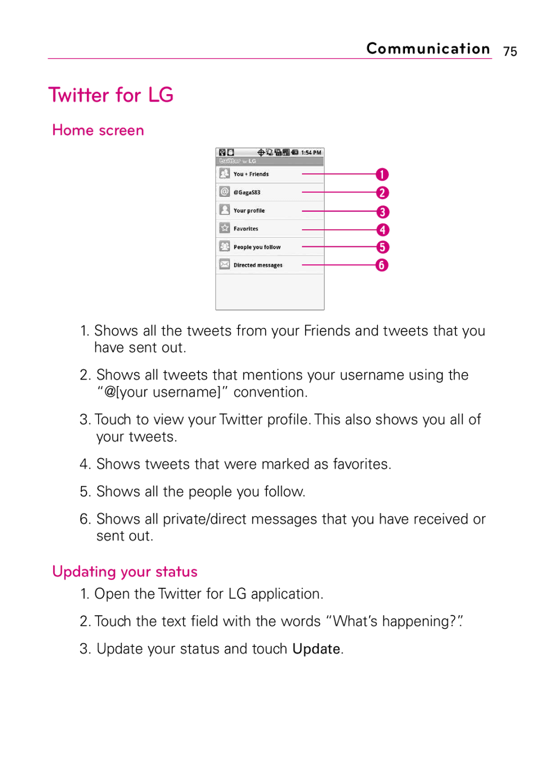 LG Electronics MMBB0394701 manual Twitter for LG, Home screen, Updating your status 