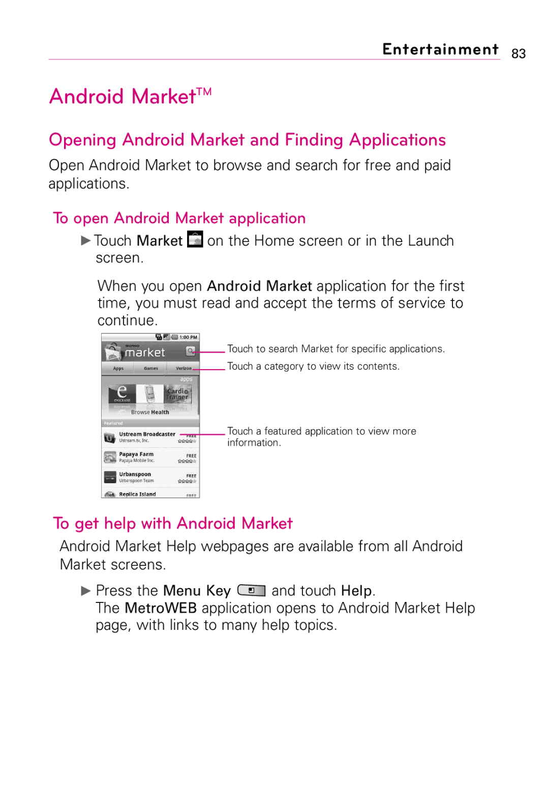 LG Electronics MMBB0394701 manual Android MarketTM, Opening Android Market and Finding Applications 